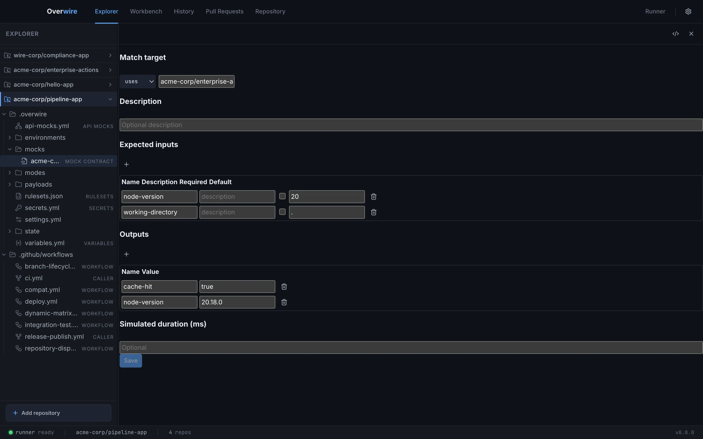 An existing mock contract with its inputs and outputs tables