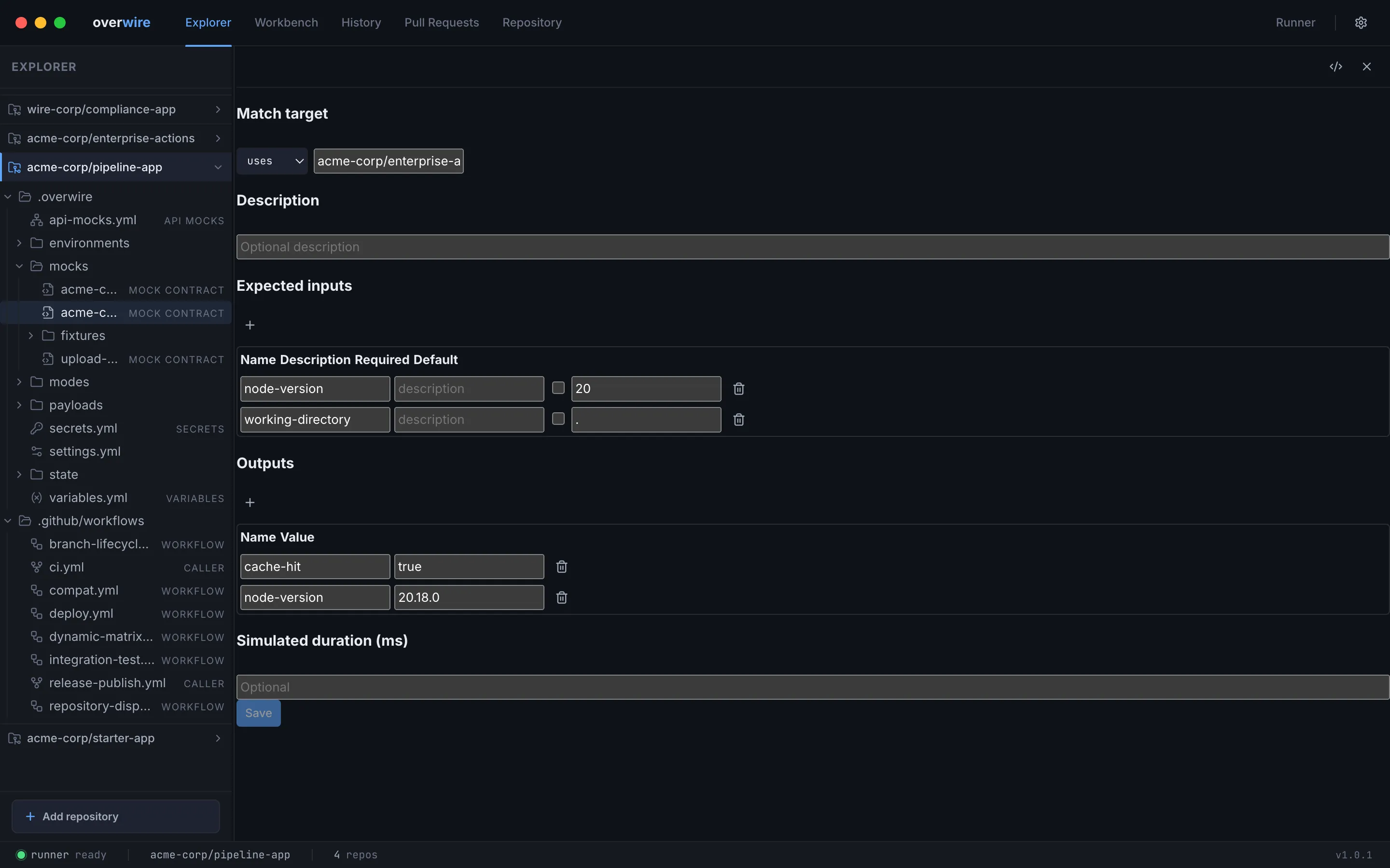 An existing mock contract with its inputs and outputs tables