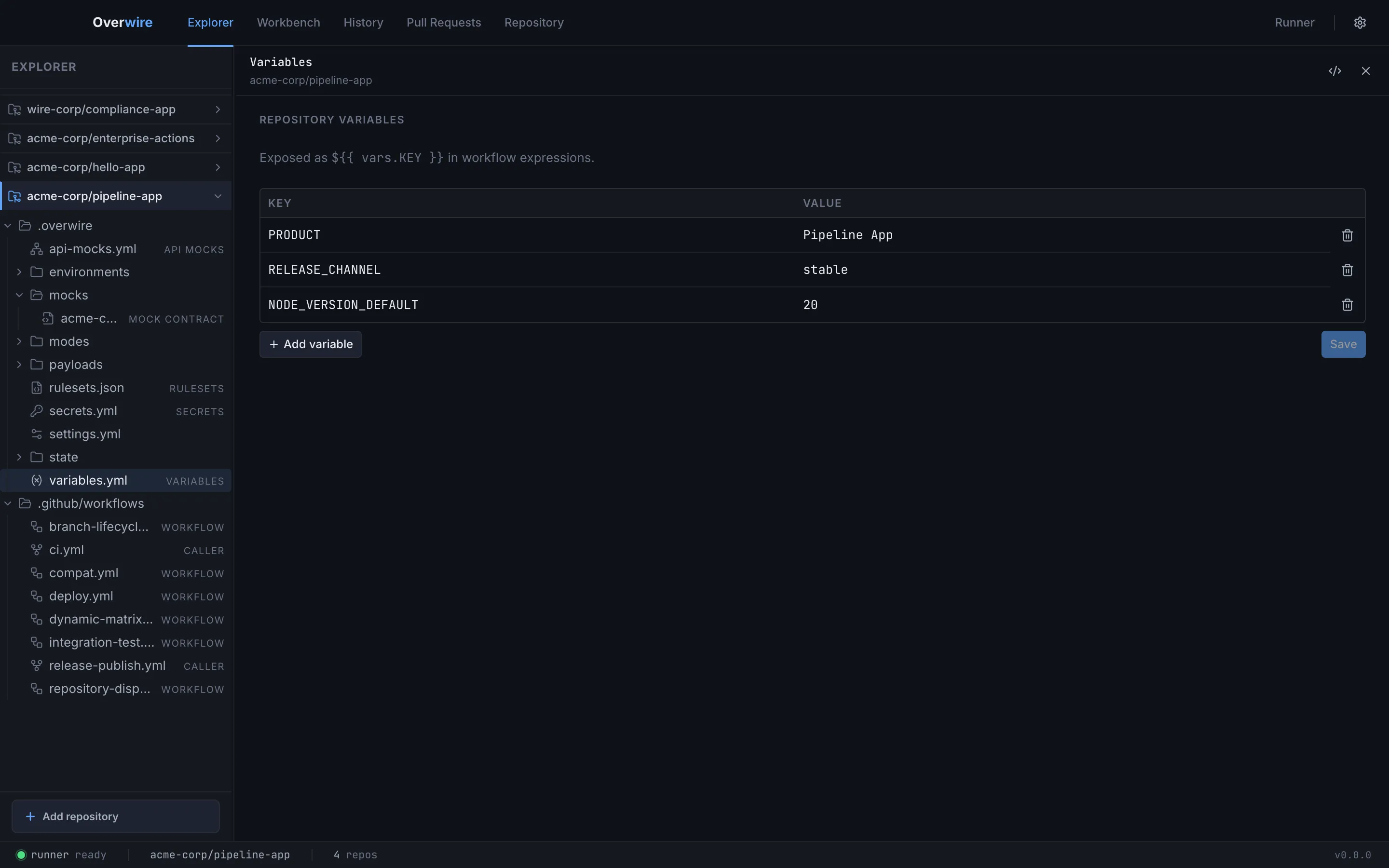 The variables editor with the repository's key-value table