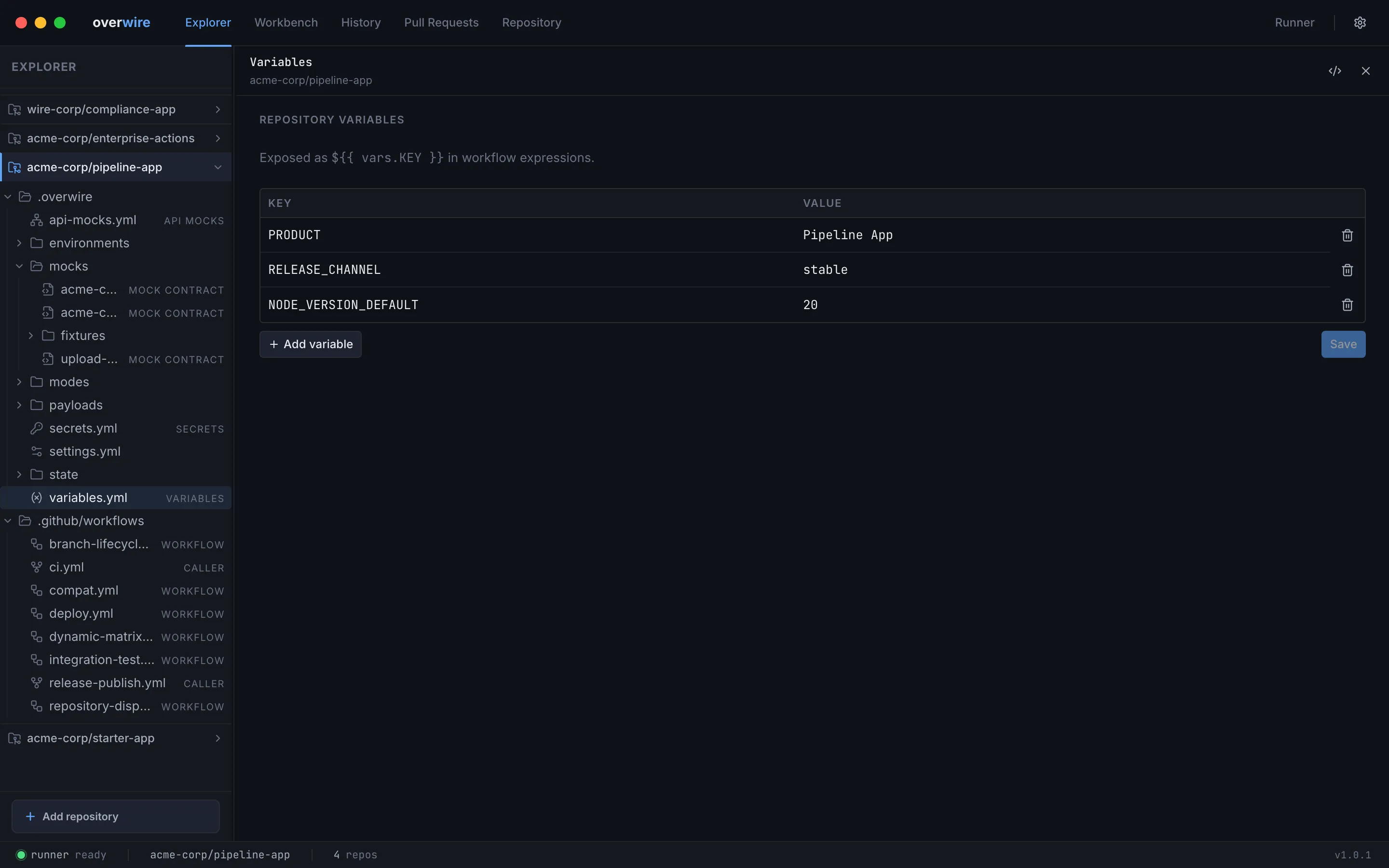 The variables editor with the repository's key-value table