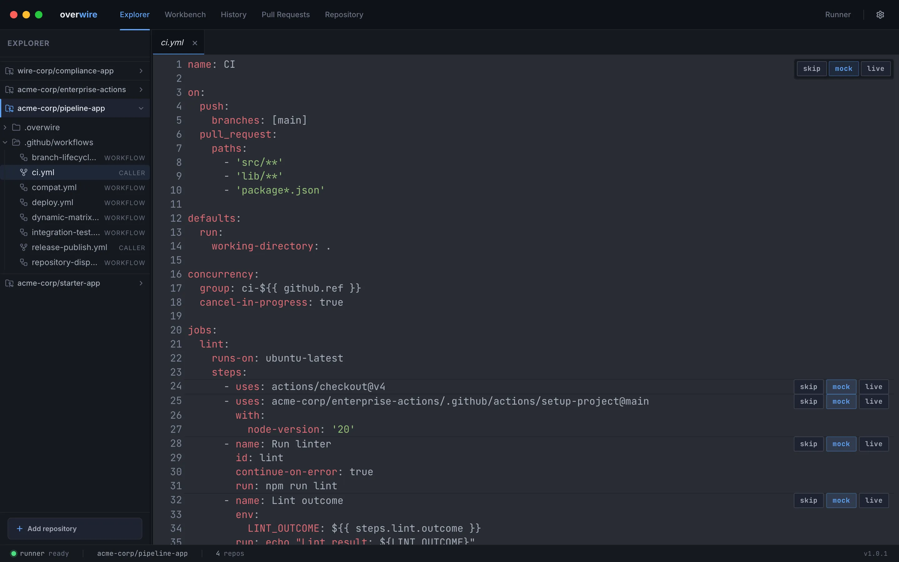 A workflow open in the viewer with per-step skip/mock/live buttons
