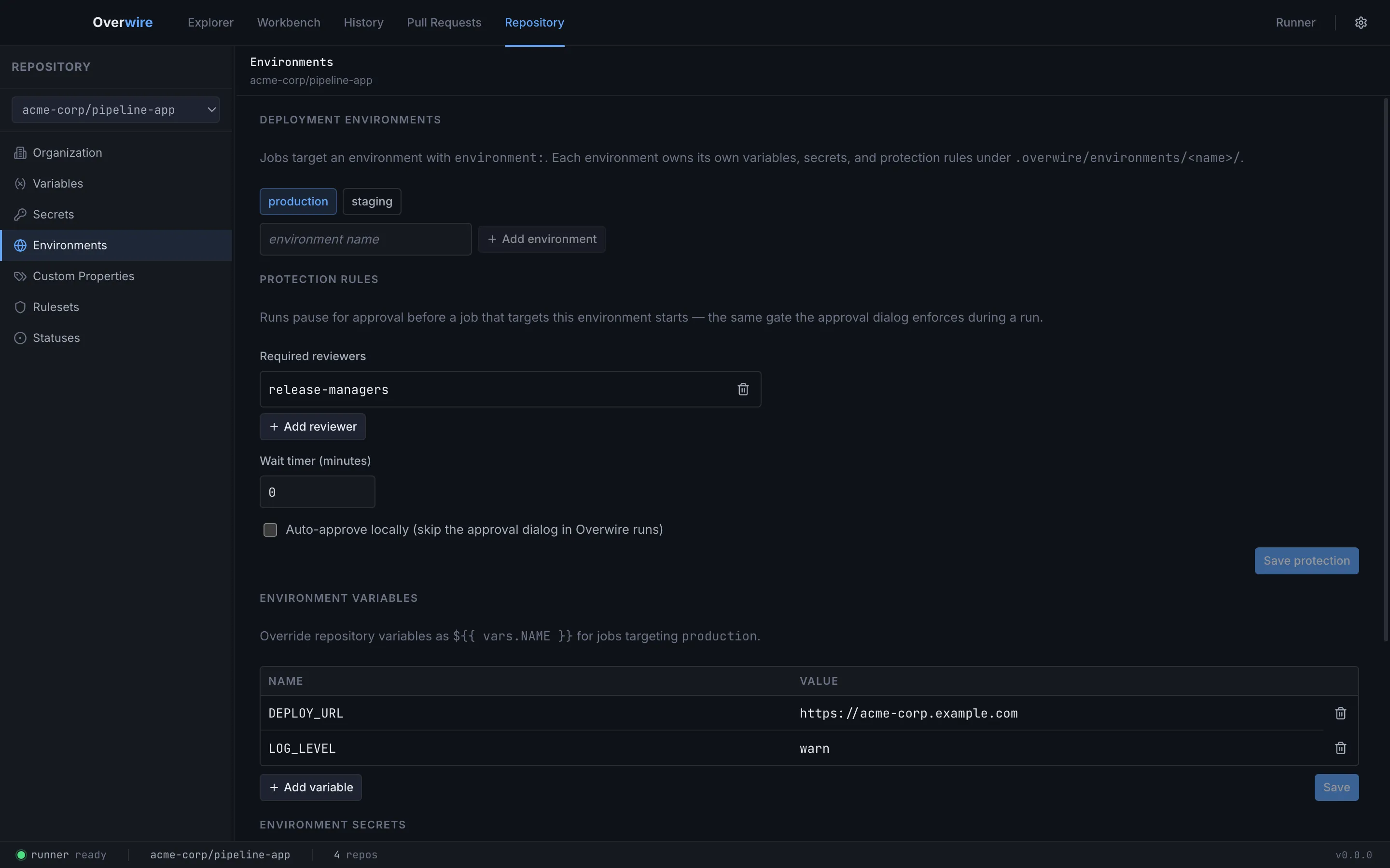 The environments section with protection rules, variables, and secrets for a production environment