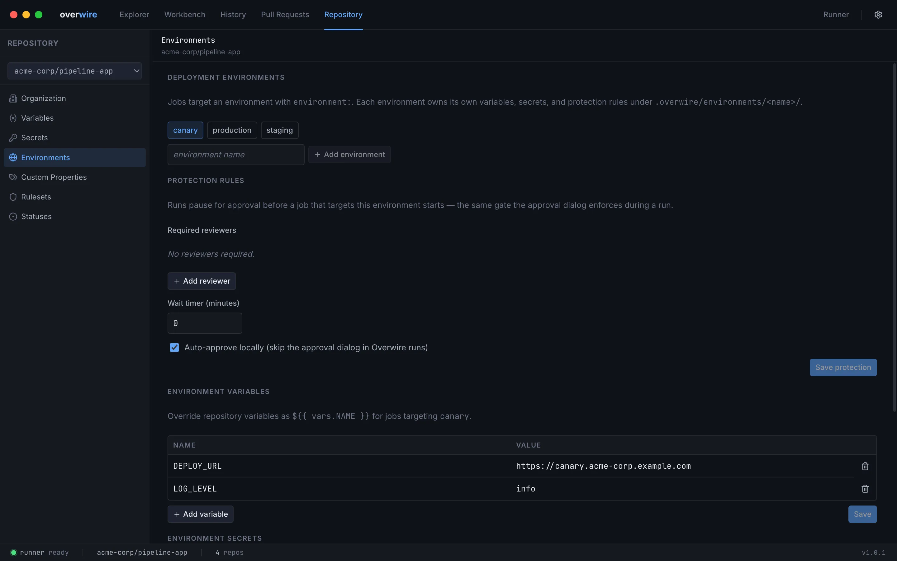 The environments section with protection rules, variables, and secrets for a production environment