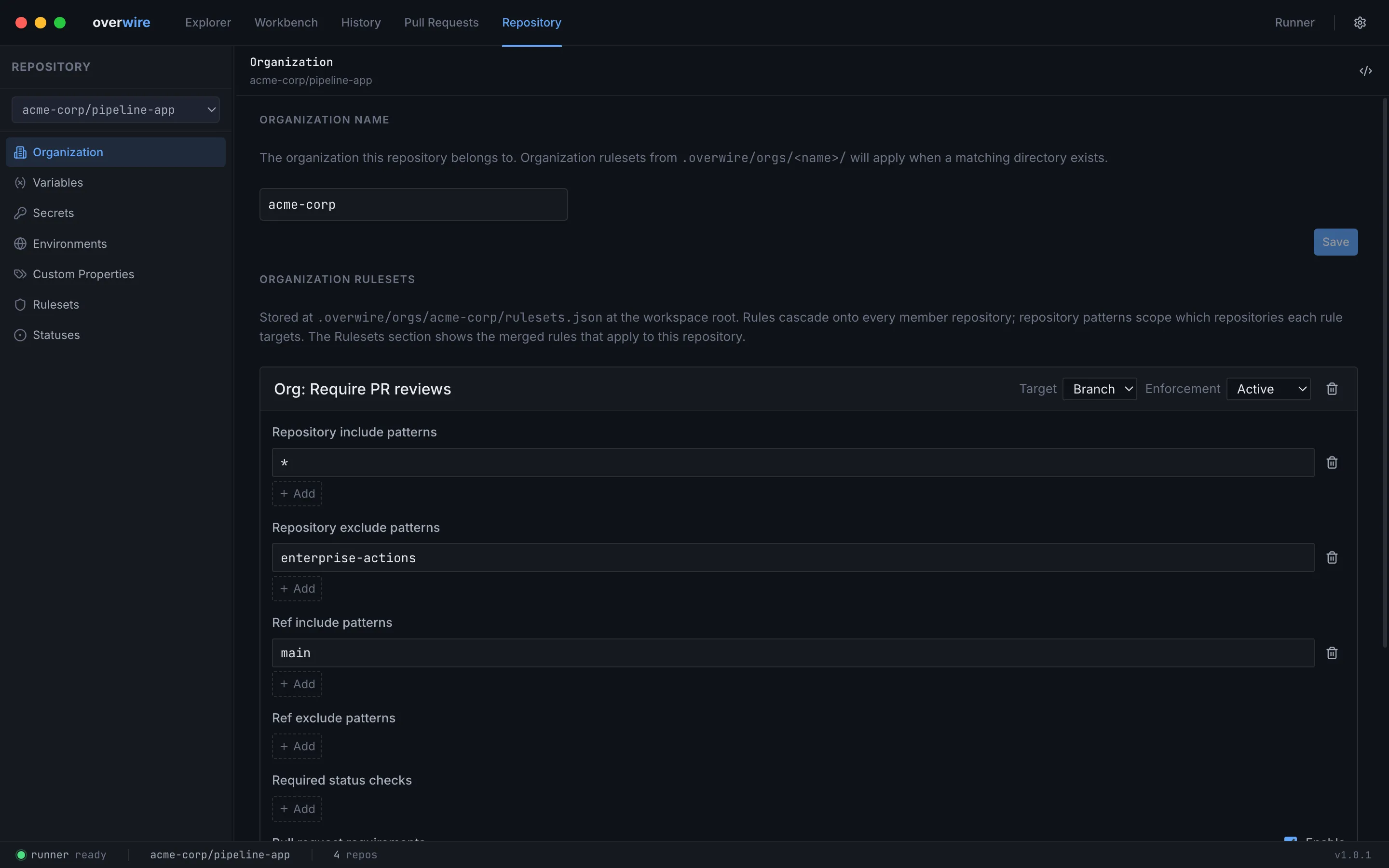 The organization section with the owner field and an editable organization ruleset