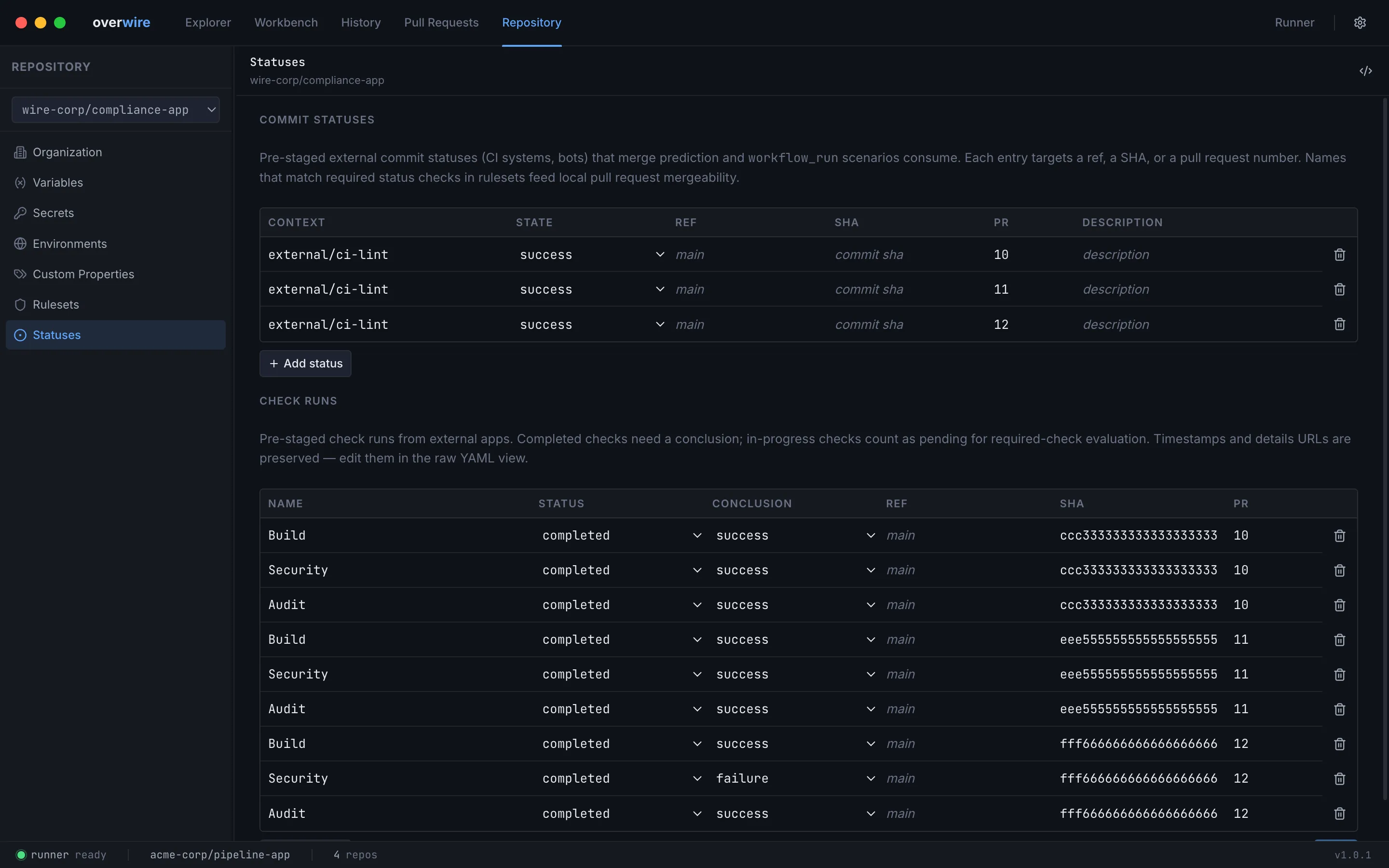 The statuses section with pre-staged commit statuses and check runs per pull request
