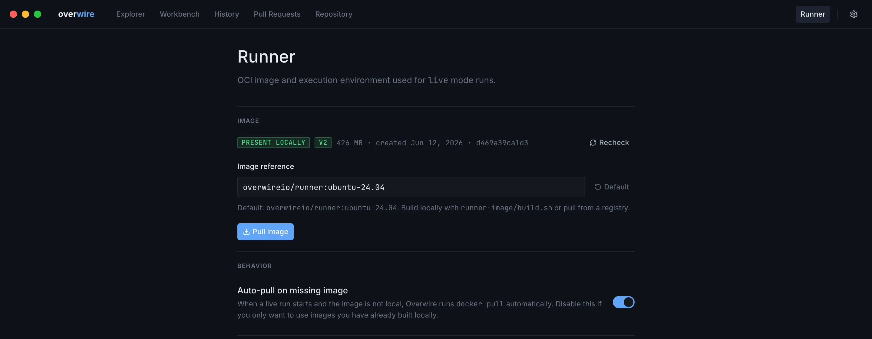 The runner page with the image present locally and auto-pull enabled