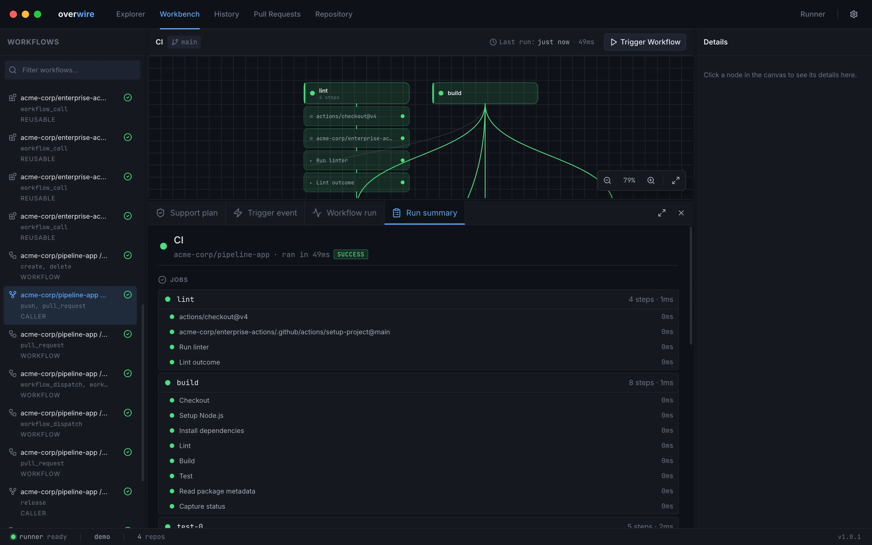 The run summary with per-job outcomes and durations