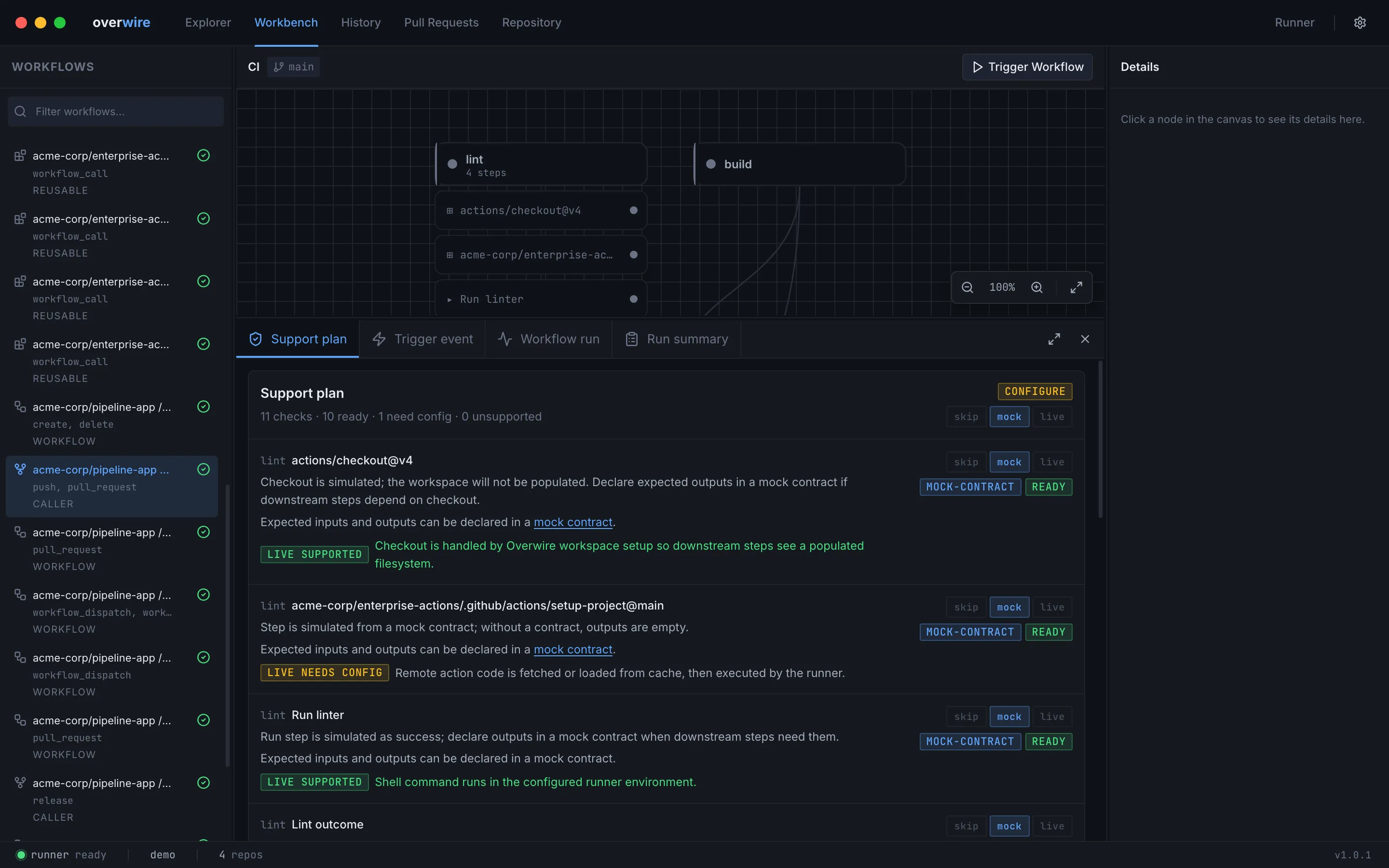 The support plan classifying each step, with inline mode buttons and mock contract links