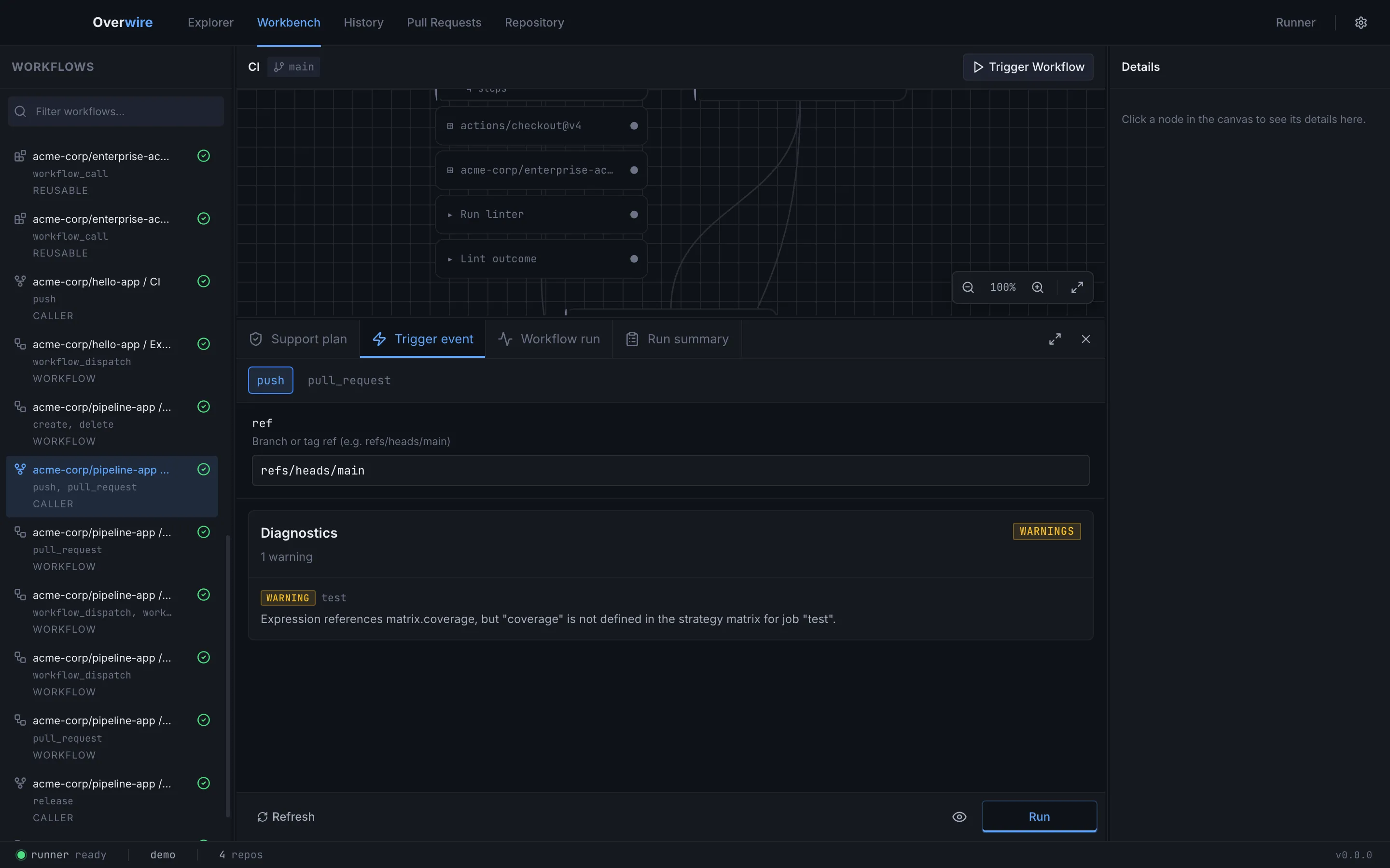 The Trigger event tab with the push event selected and a diagnostics warning below the form