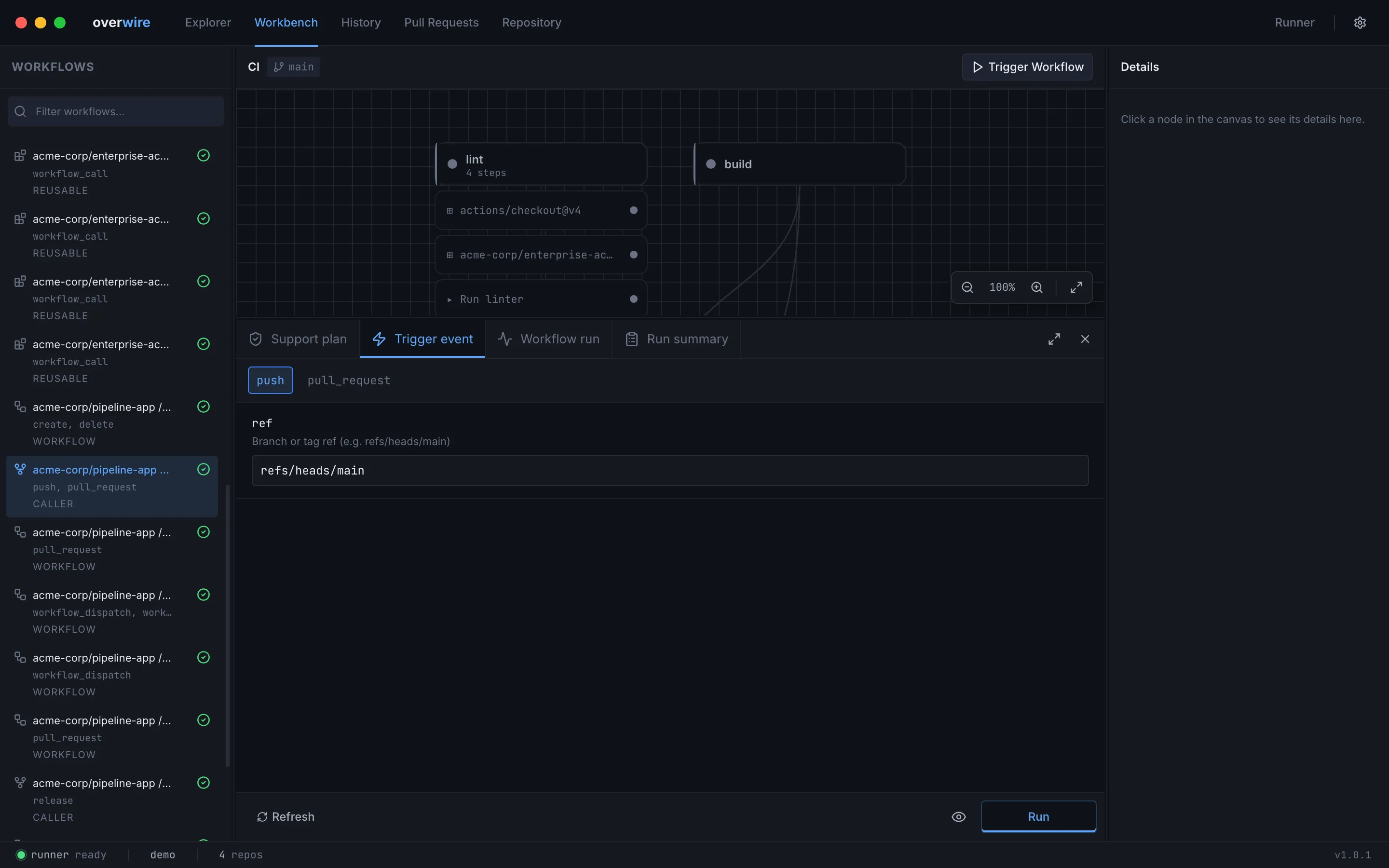 The Trigger event tab with the push event selected and a diagnostics warning below the form