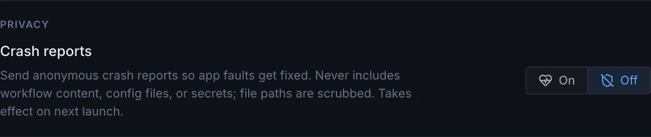 The crash reports toggle in the Privacy section