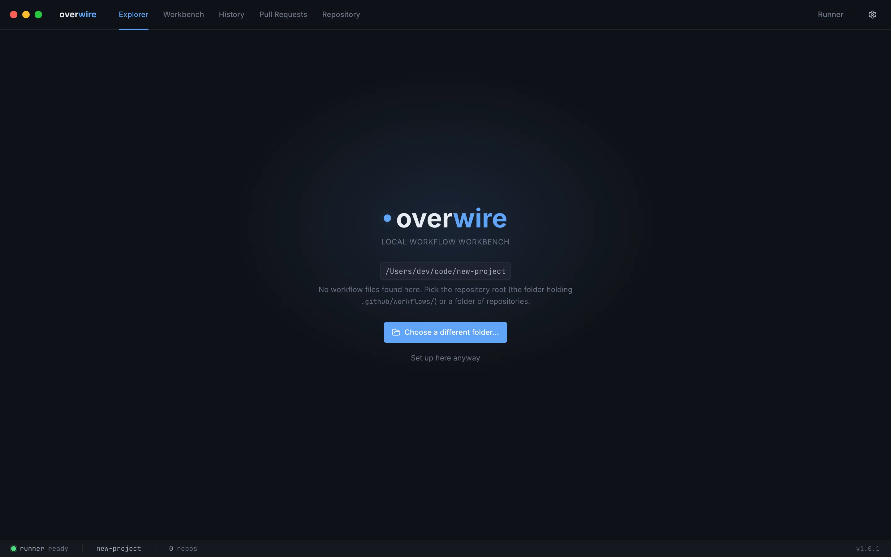 The guidance screen for a directory with no workflow files