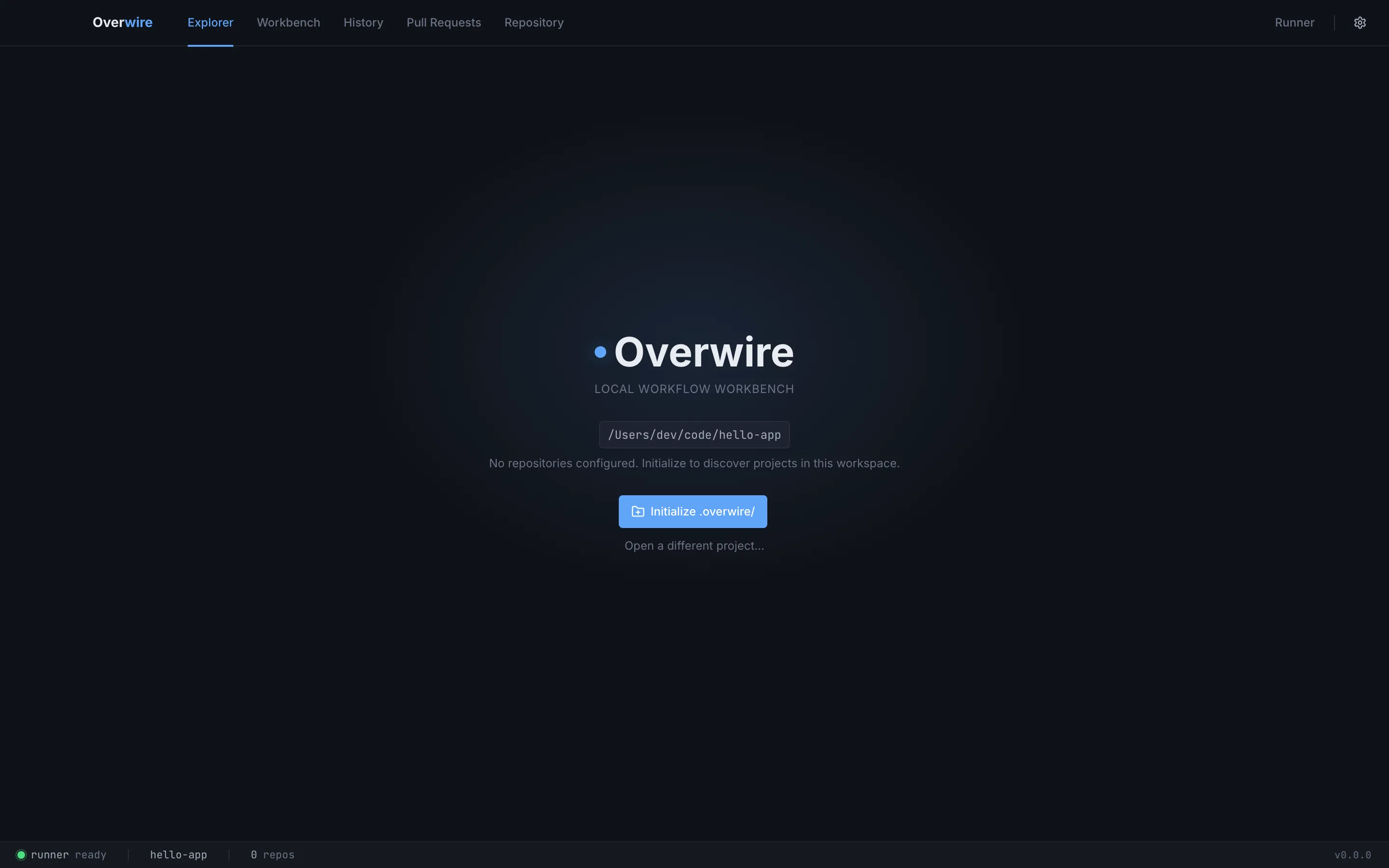 The initialize splash for a directory that has no .overwire tree yet