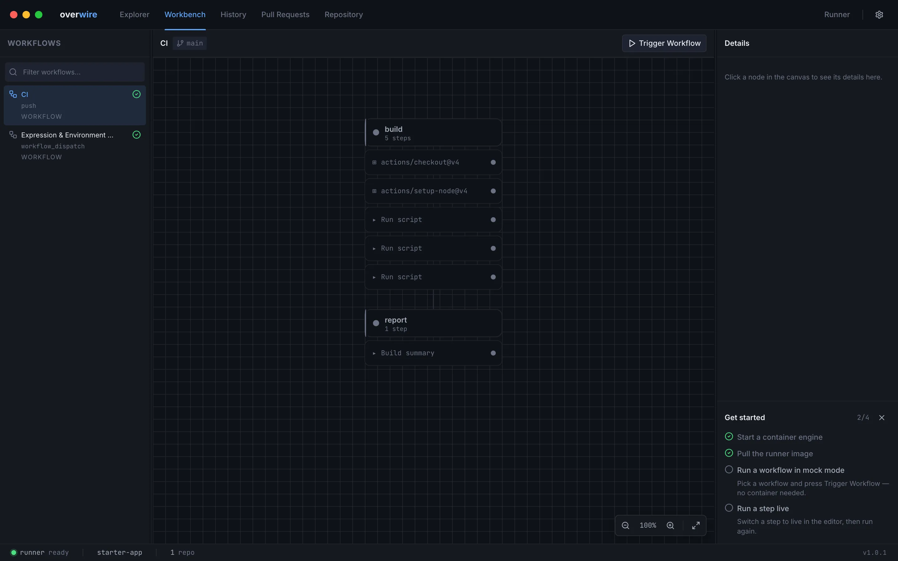 A fresh workspace with the Get started checklist tracking setup progress