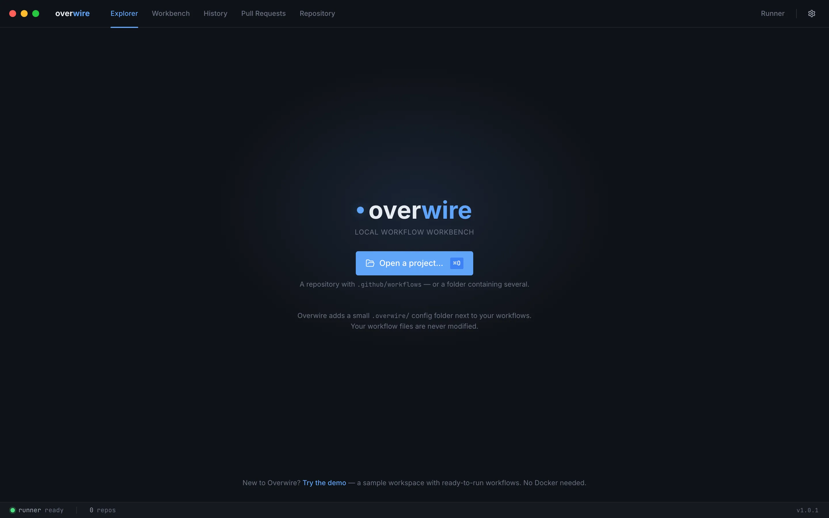 The open-project screen on first launch