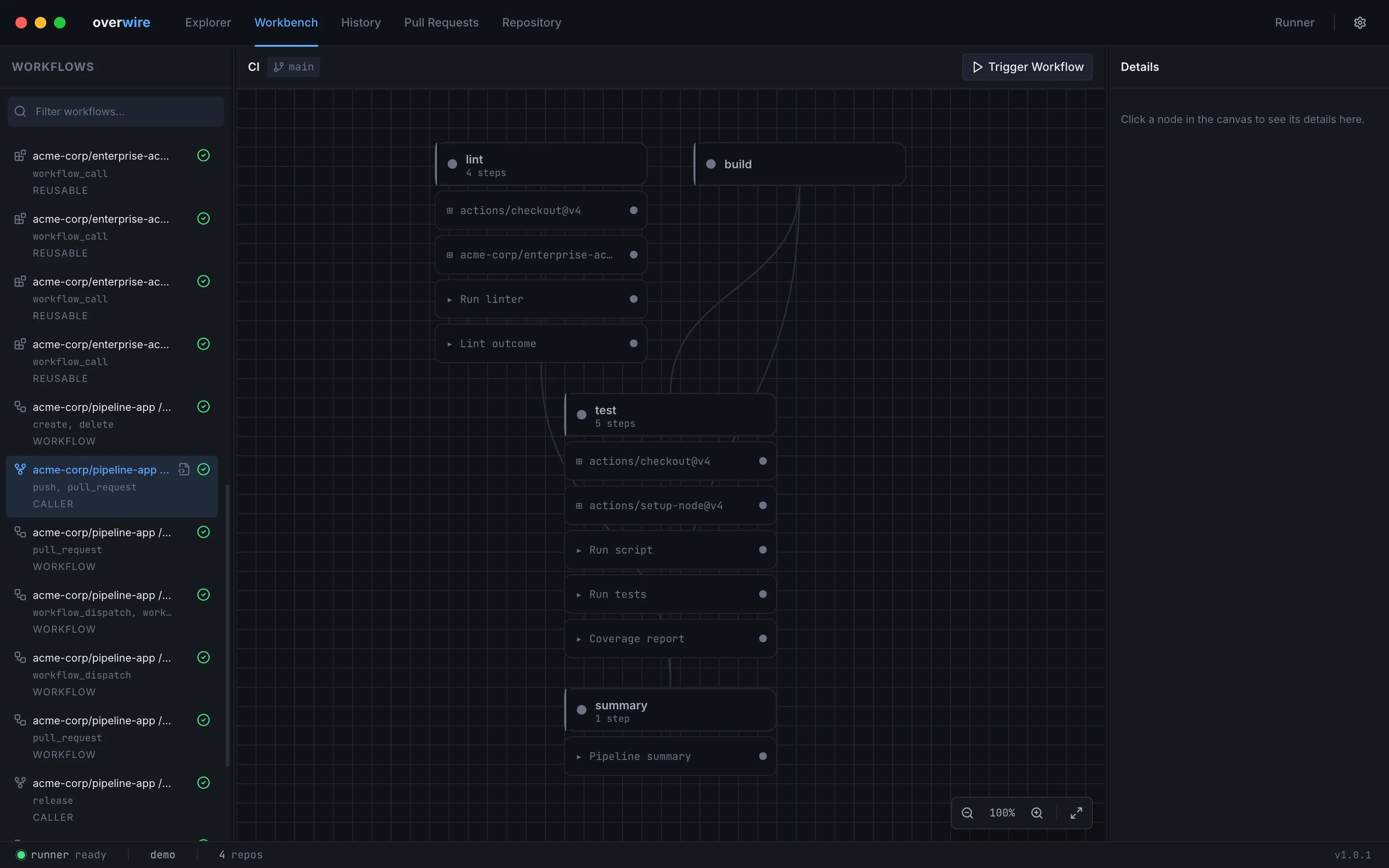 The same workflow before any run, with the trigger controls in the toolbar