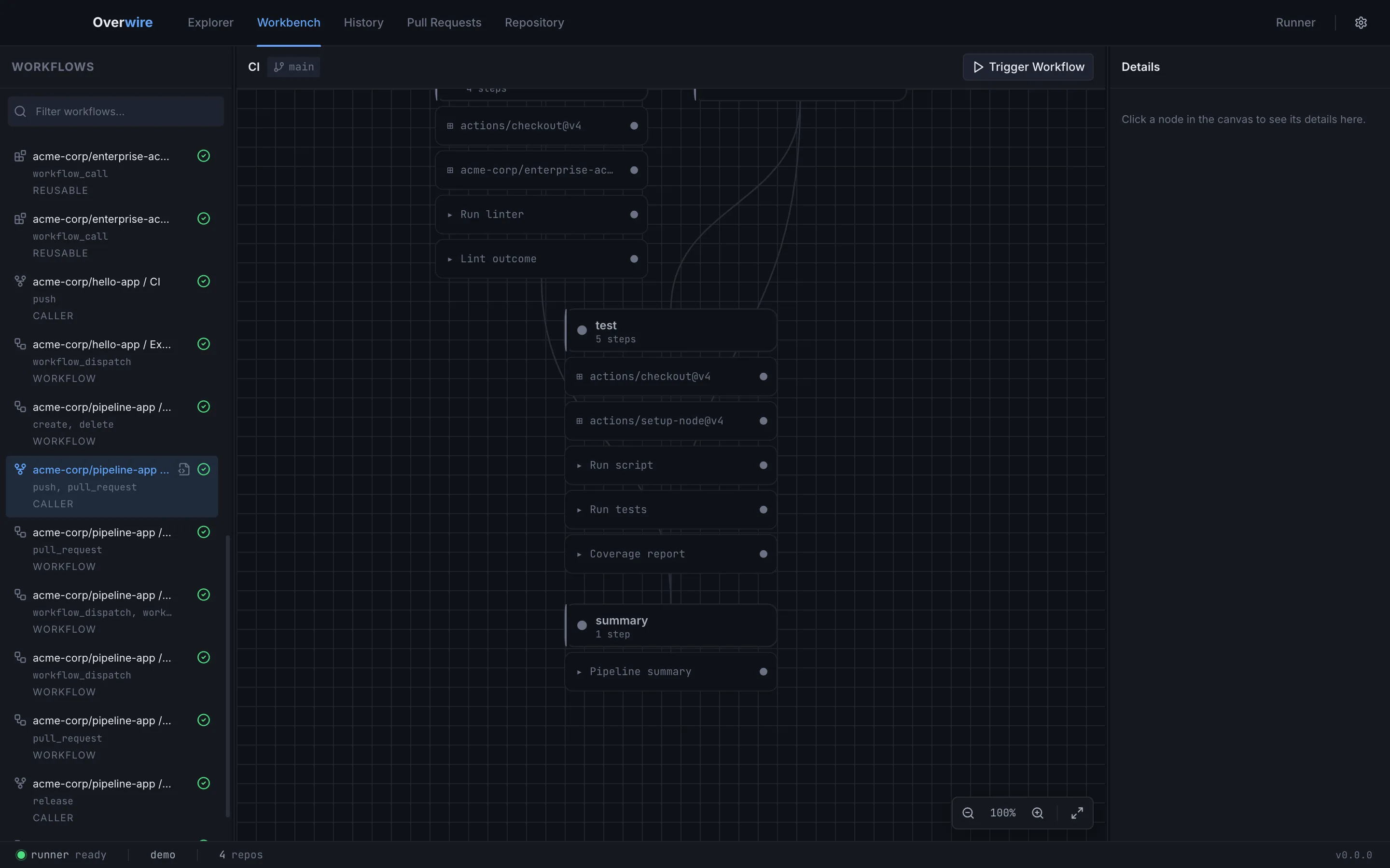 The same workflow before any run, with the trigger controls in the toolbar