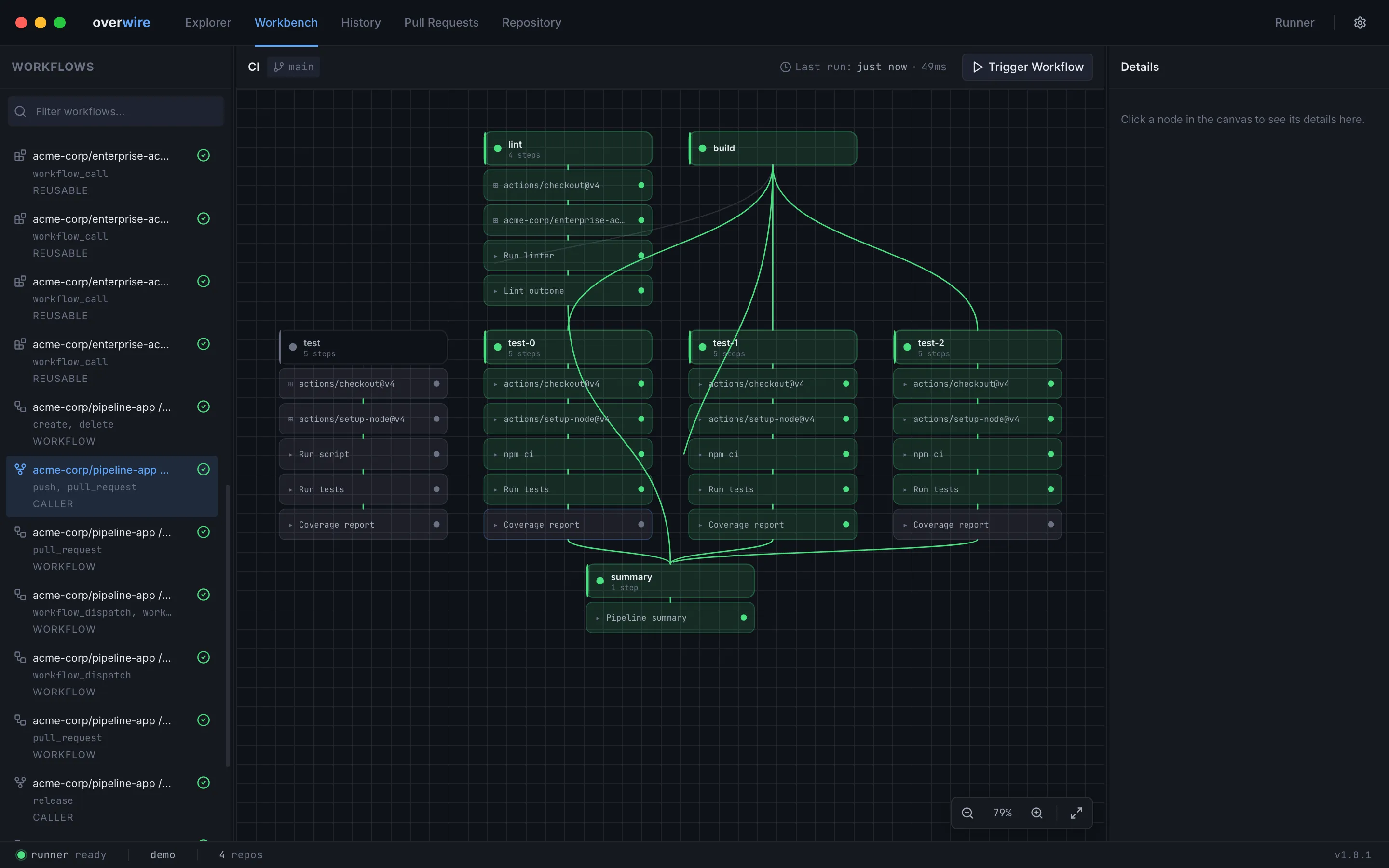 The workbench after a completed run, with every job and step node carrying its outcome